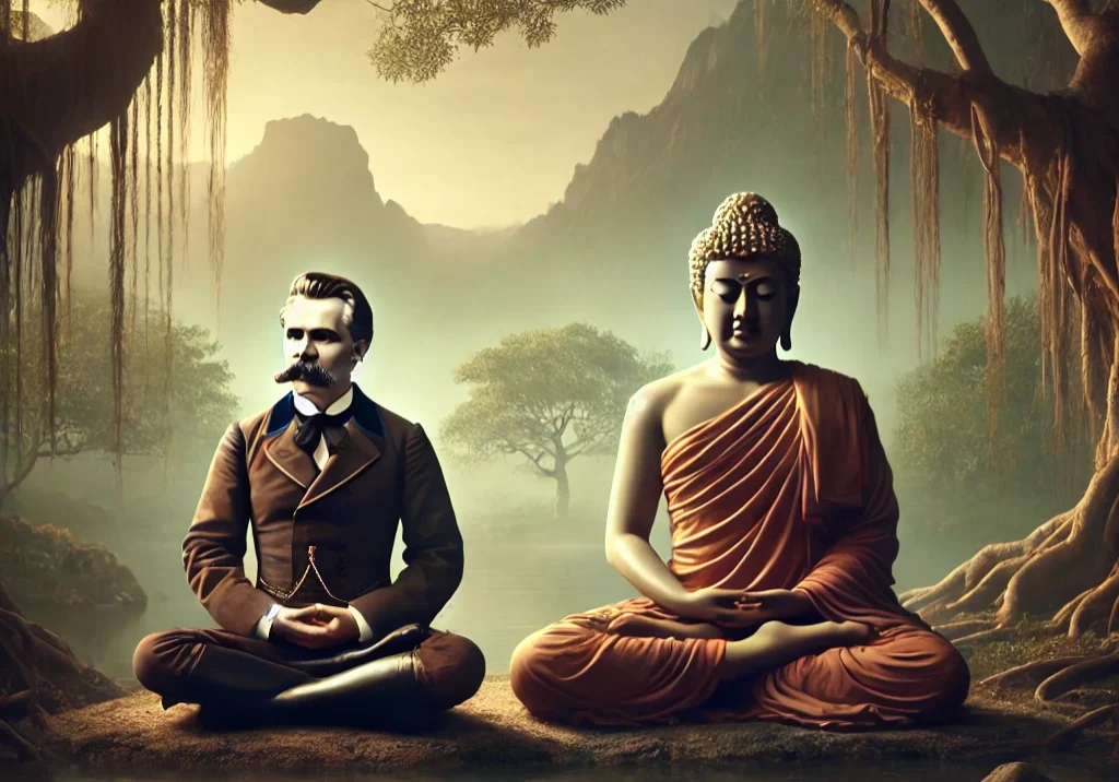 DALL·E 2024-12-16 22.28.39 - A serene and peaceful scene of Friedrich Nietzsche and Buddha meditating together in the lotus position. Both are seated in a tranquil, natural settin